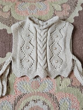 Cream Cable-Knit Kids Knit Vest with Pearl Accents And Side Ties